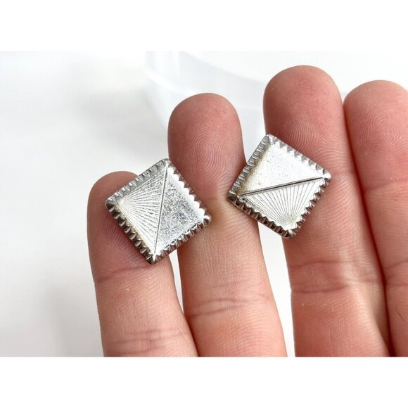 Art Deco Square Shaped Carved Sterling Silver Men's Classic Cuff Links - Picture 6 of 10